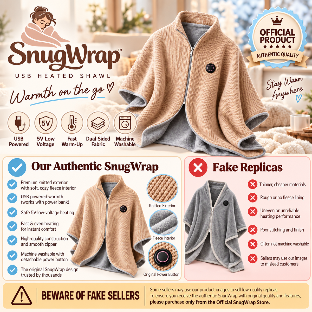 SnugWrap™ Wearable USB Heated Blanket Shawl – 3 Adjustable Heat Levels