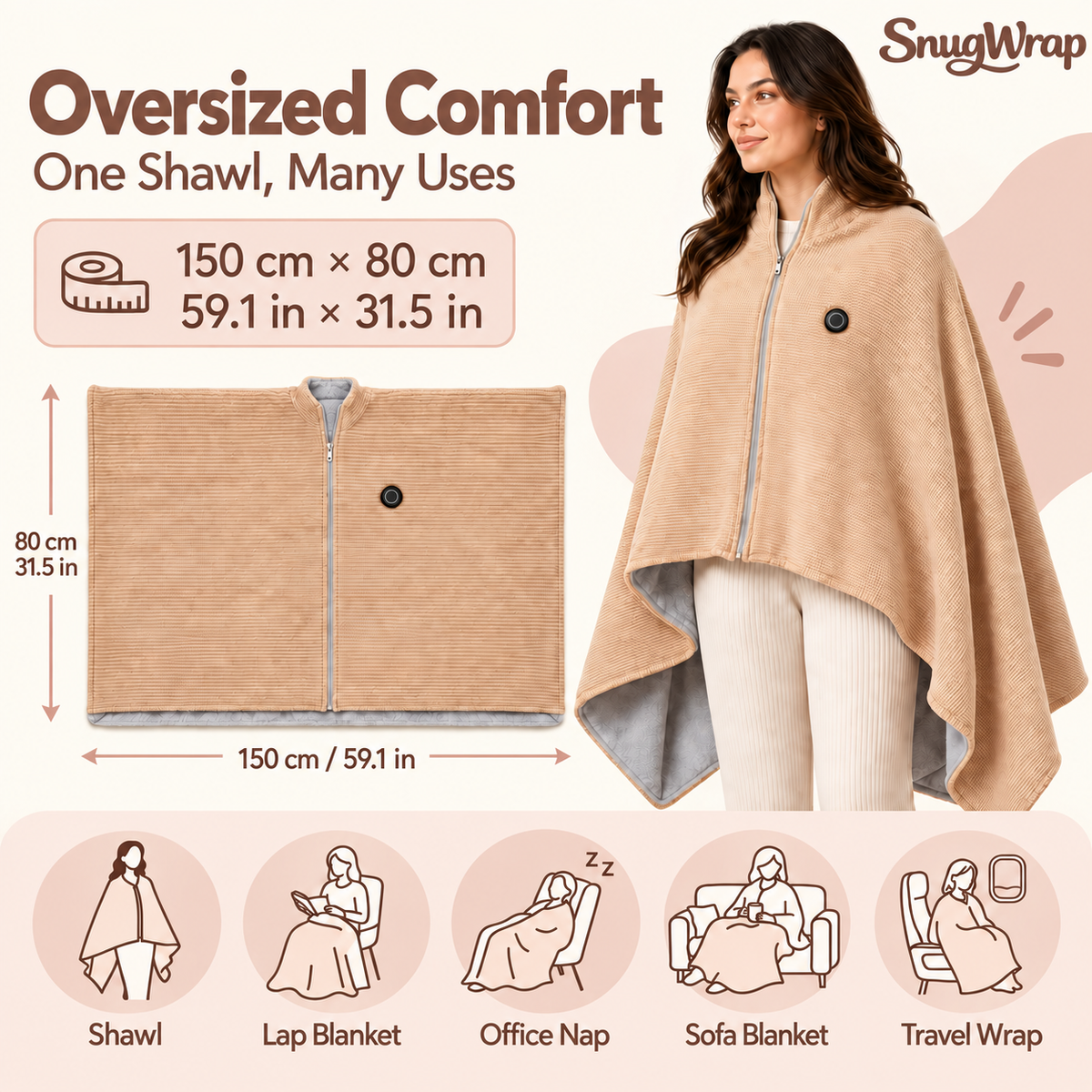 SnugWrap™ Wearable USB Heated Blanket Shawl – 3 Adjustable Heat Levels