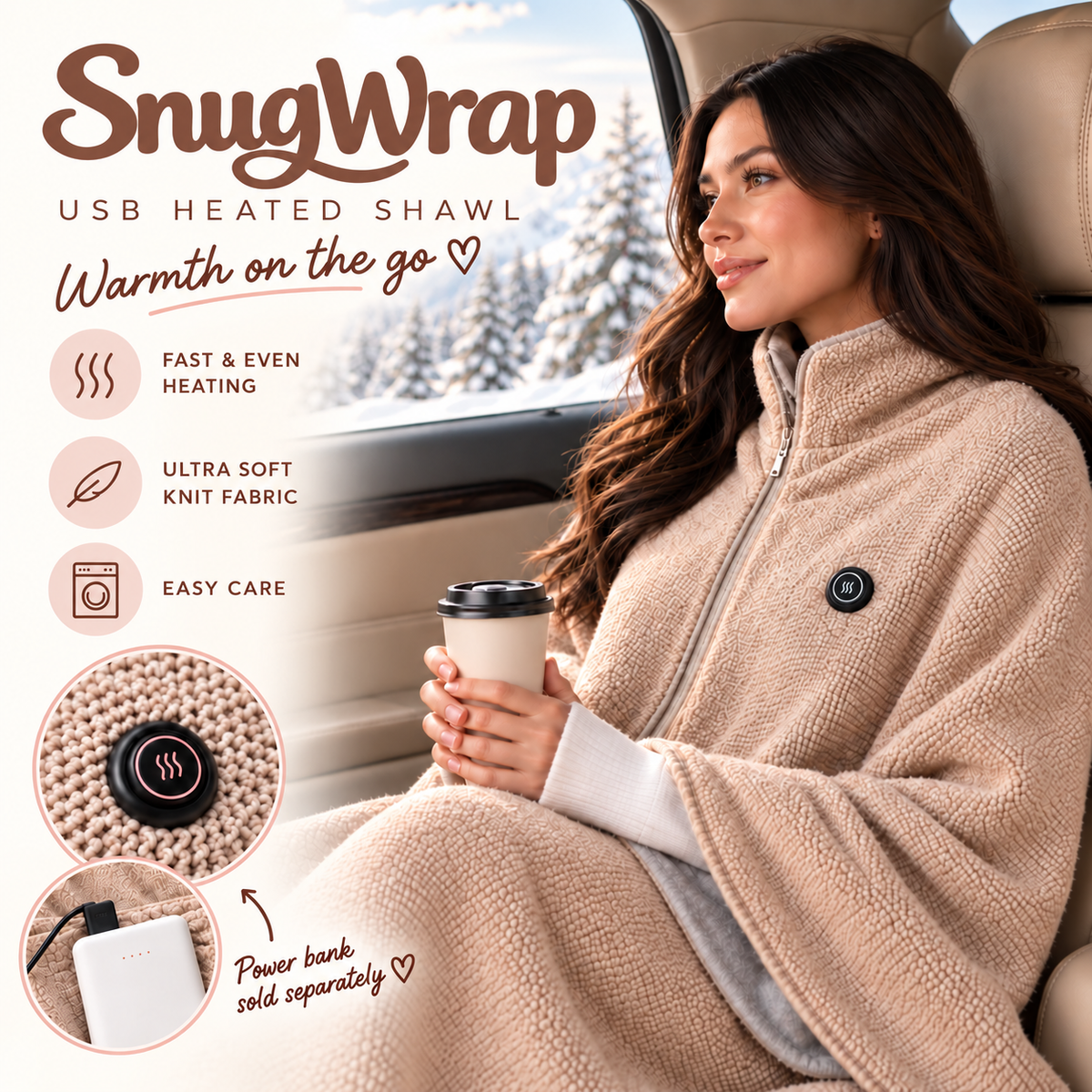 SnugWrap™ Wearable USB Heated Blanket Shawl – 3 Adjustable Heat Levels