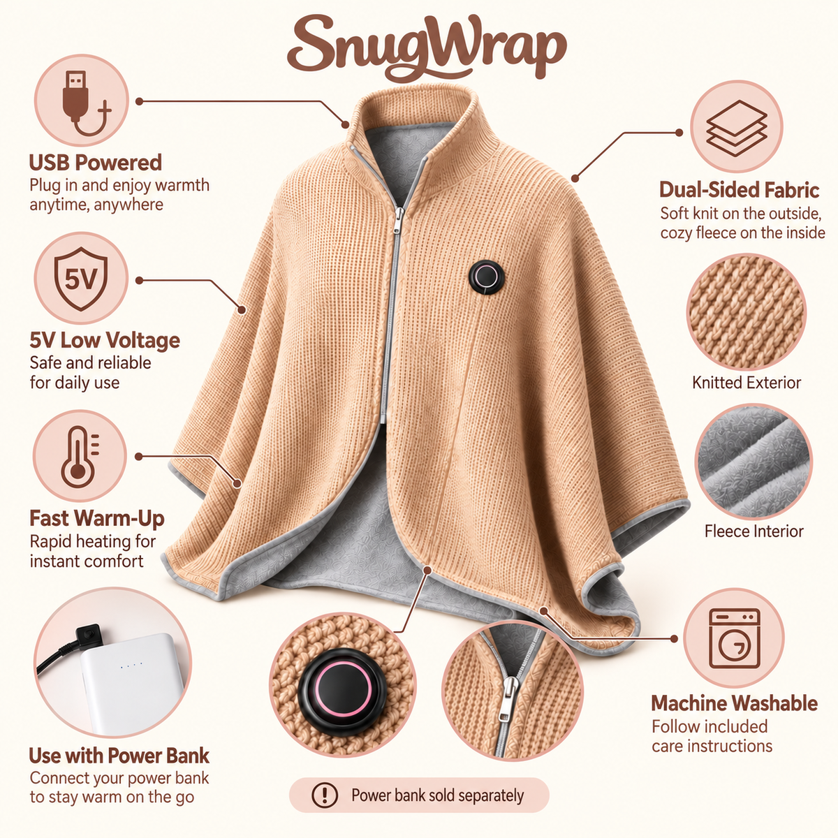 SnugWrap™ Wearable USB Heated Blanket Shawl – 3 Adjustable Heat Levels