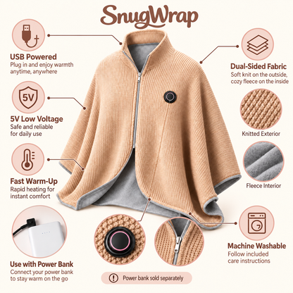SnugWrap™ Wearable USB Heated Blanket Shawl – 3 Adjustable Heat Levels